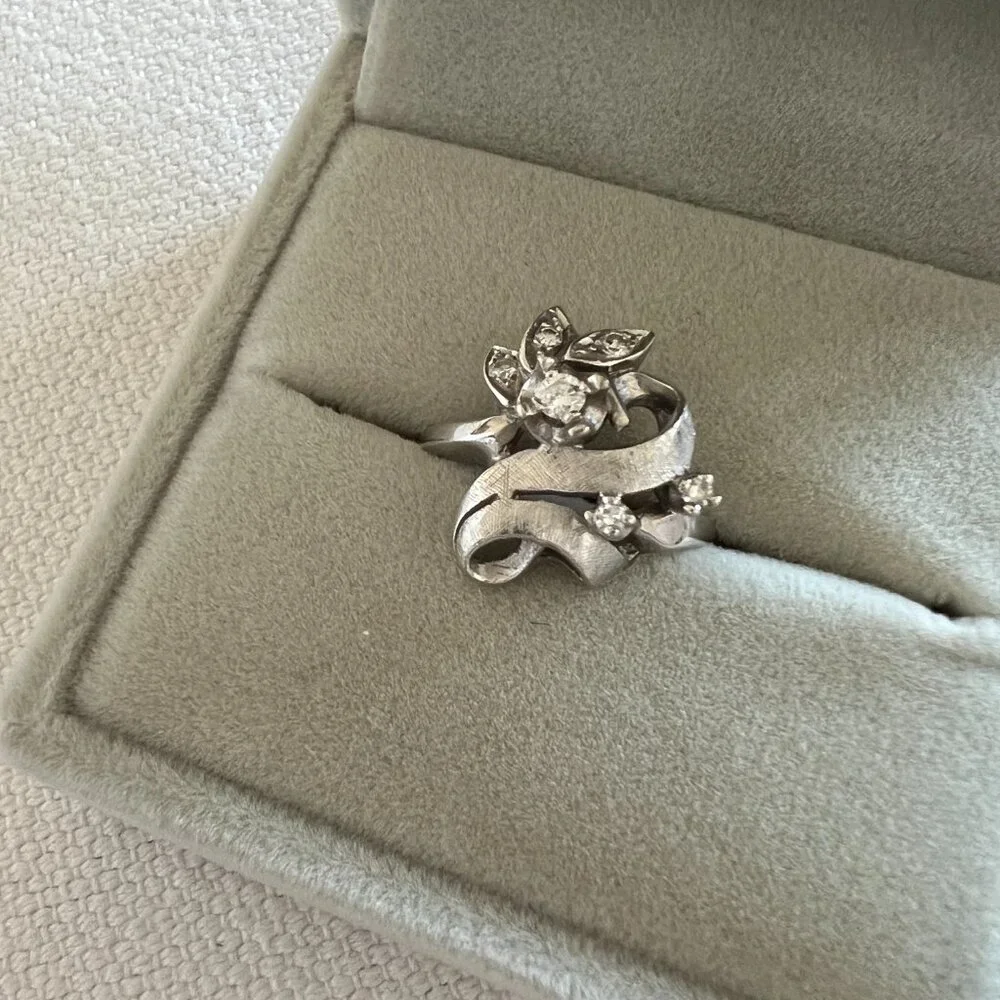Antique Art Deco 14k White Gold Diamond Cocktail Ring Vintage Size 6 - Picture 3 of 7